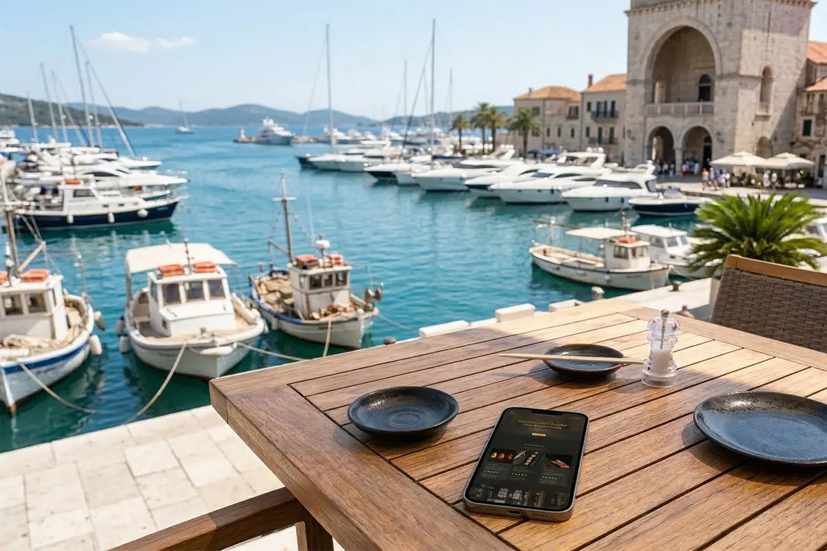 Restaurant website live on phone at a terrace table
